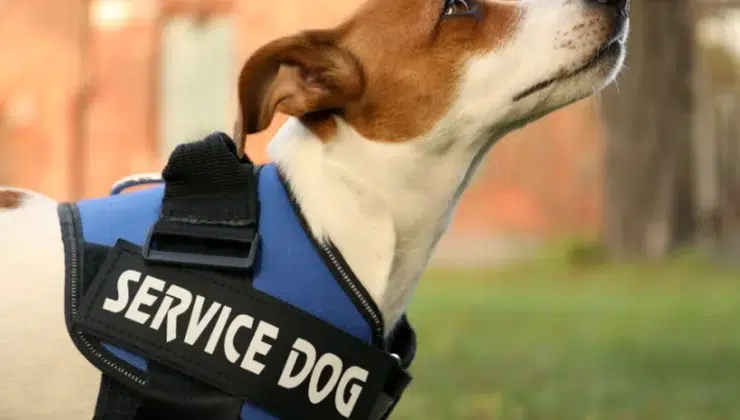 An epilepsy service dog looking at their handler.