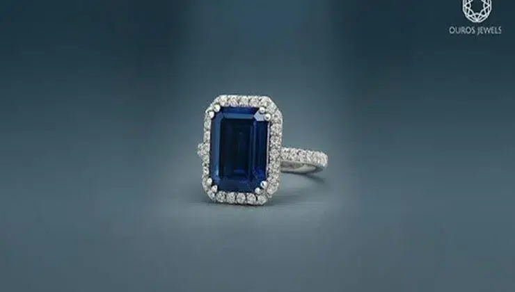 Ouros Jewels emerald-cut blue sapphire halo ring with lab grown diamond accents