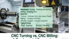 Diagram comparing CNC Turning and CNC Milling processes, showing a lathe for cylindrical parts and a milling machine for complex shapes.