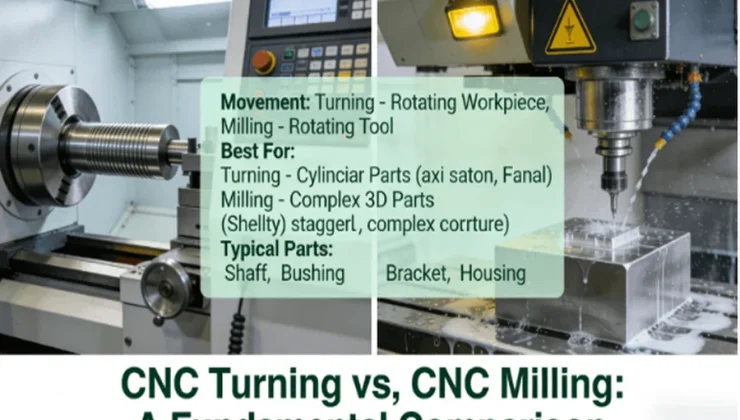 Diagram comparing CNC Turning and CNC Milling processes, showing a lathe for cylindrical parts and a milling machine for complex shapes.