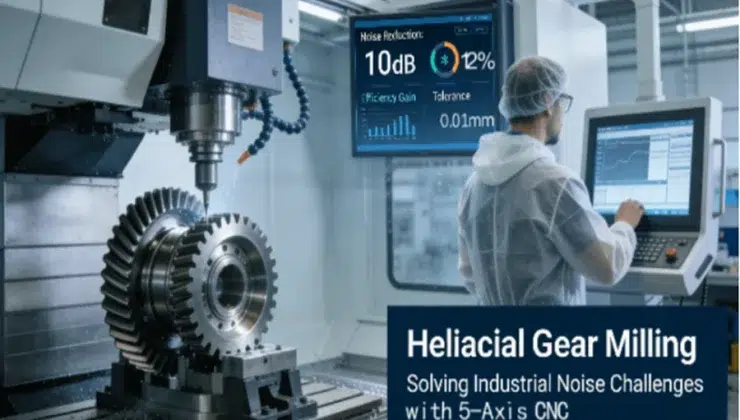 5-axis CNC machining center precision milling helical gears for industrial equipment, with real-time dashboard showing 10dB noise reduction, 12% efficiency gain, and ±0.01mm tolerance control.