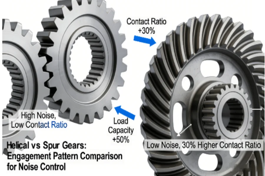 Technical diagram comparing noise and efficiency between spur gears (instantaneous engagement causing vibration) and helical gears (progressive engagement reducing noise by 30% and increasing load capacity)